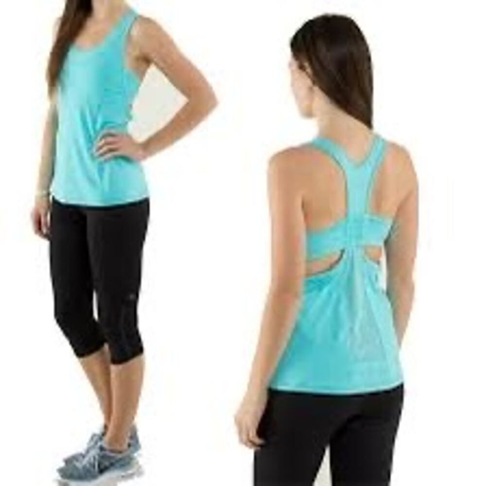 Lululemon Tone It Tank Womens 6 Angel Blue Top Cut Outs Built in Bra Fitness